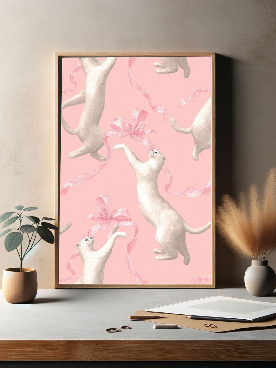 Playful Cats with Ribbon — Illustration Print. — room view 2