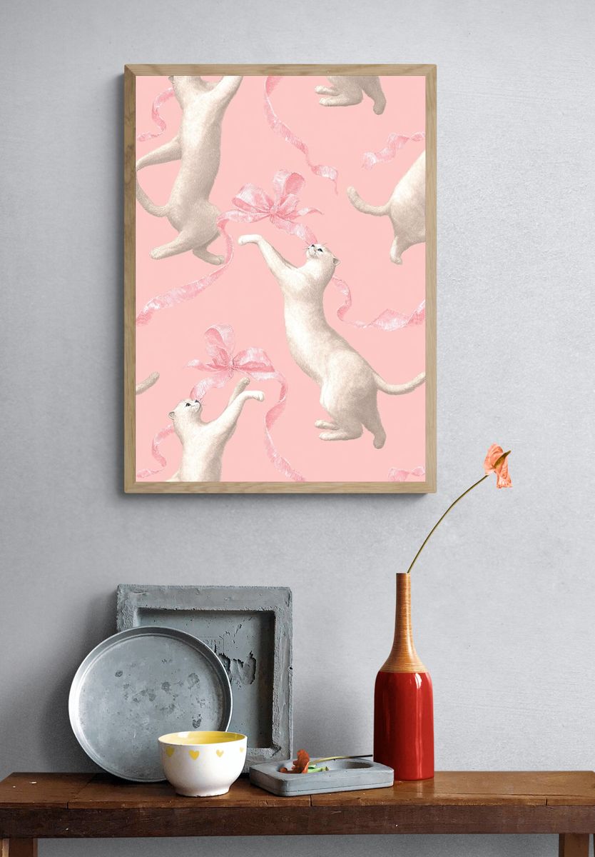 Playful Cats with Ribbon — Illustration Print. — room view 3