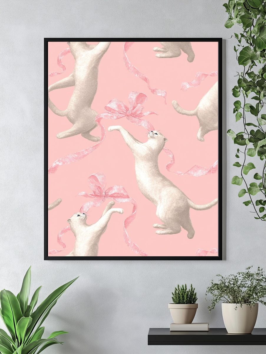 Playful Cats with Ribbon — Illustration Print. — room view 4