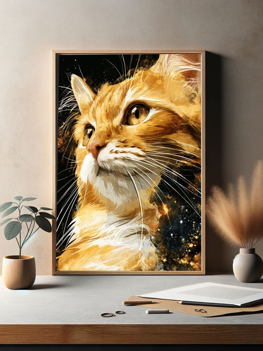 Golden Cat Portrait Illustration Poster. — room view 2