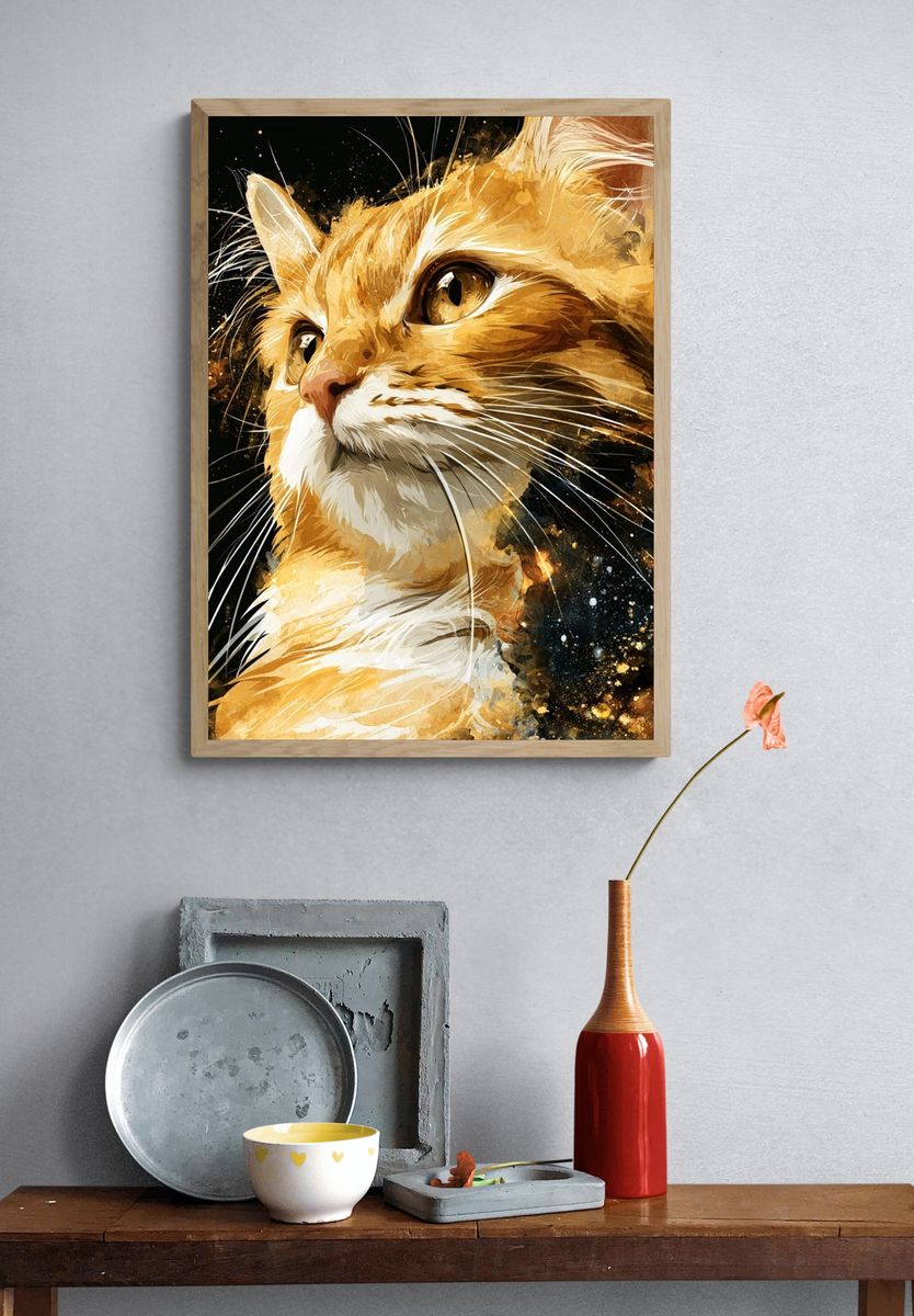 Golden Cat Portrait Illustration Poster. — room view 3