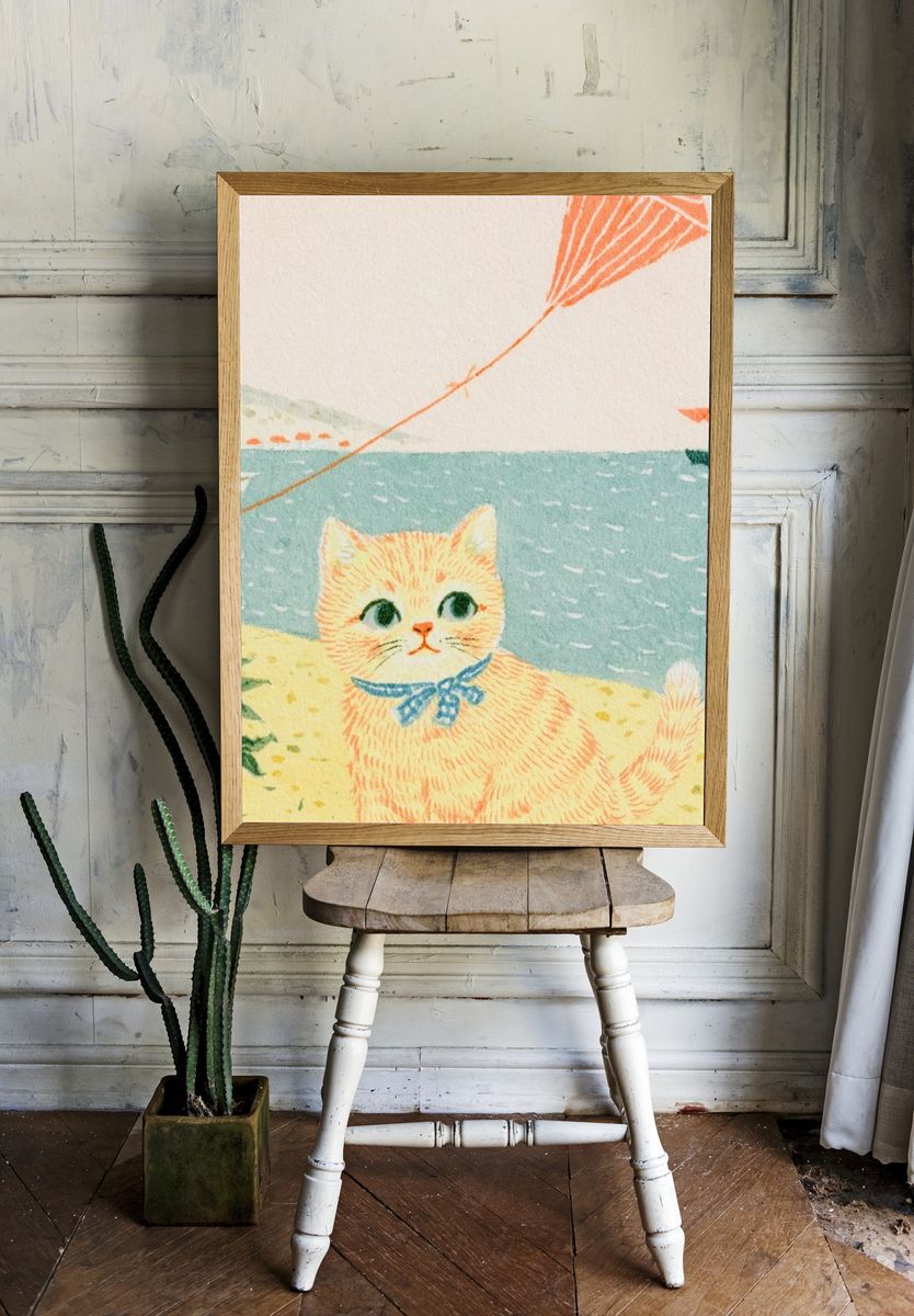 Seaside Cat Watercolor Poster. room preview