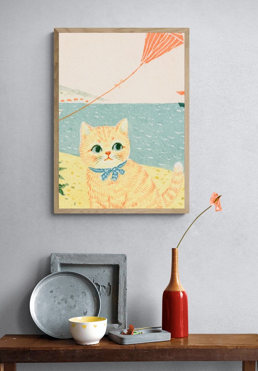 Seaside Cat Watercolor Poster. — room view 3