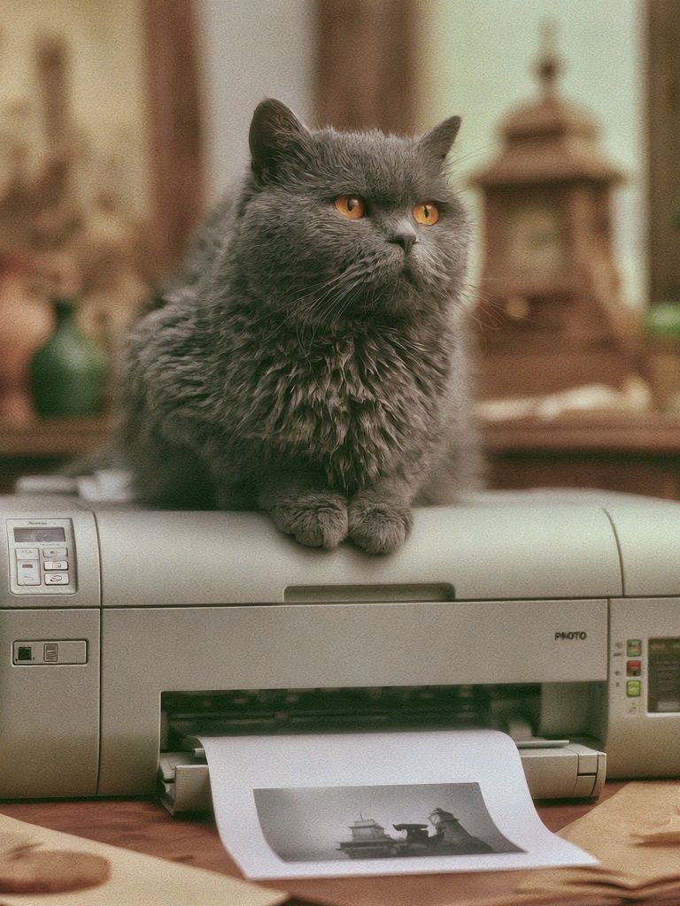 Gray Cat Printer Scene Poster. poster — animals art