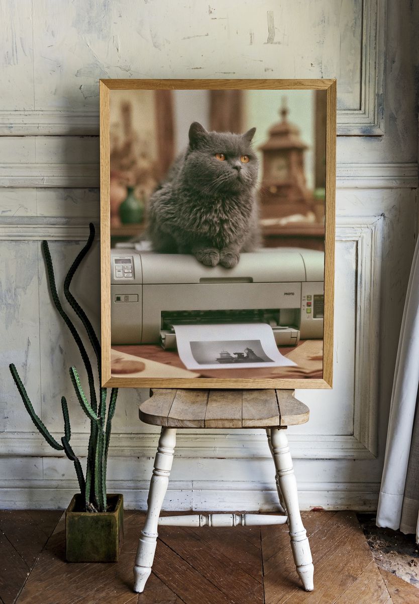 Gray Cat Printer Scene Poster. room preview