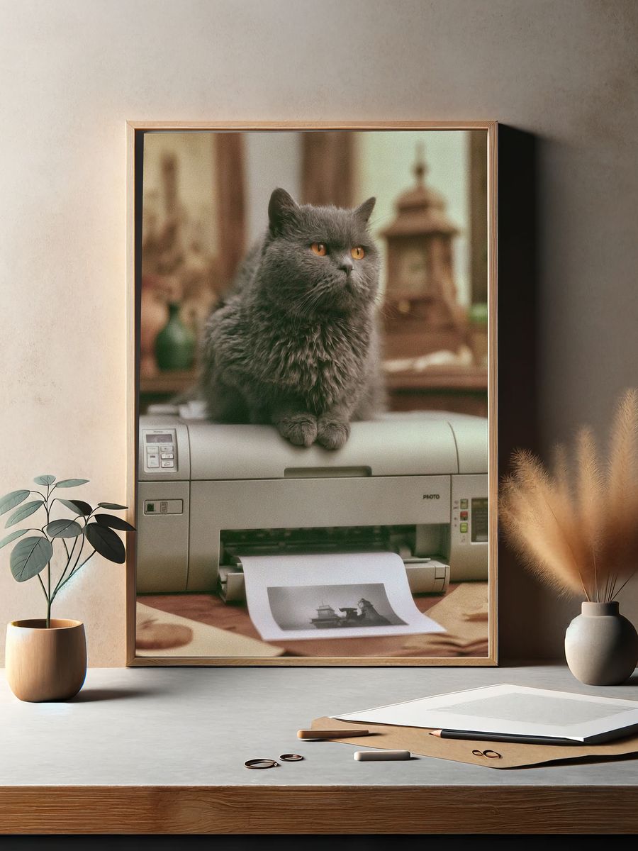 Gray Cat Printer Scene Poster. — room view 2