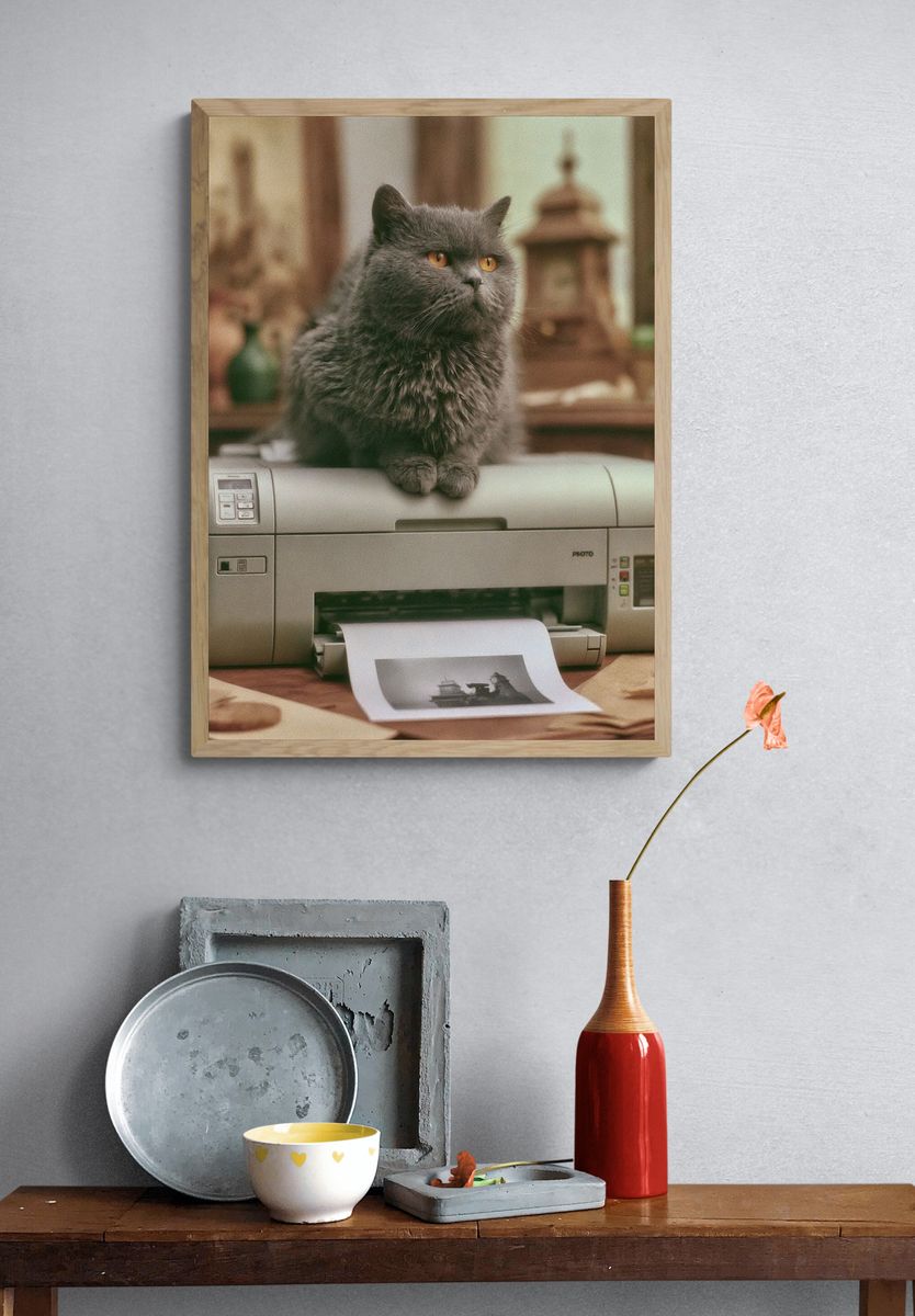 Gray Cat Printer Scene Poster. — room view 3