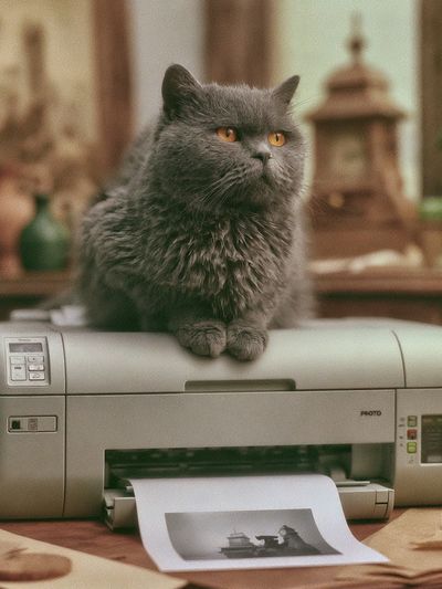 Gray Cat Printer Scene Poster.