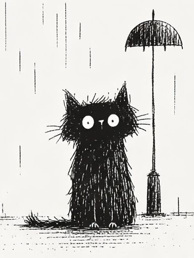 Black Cat in the Rain Illustration Poster. poster detail
