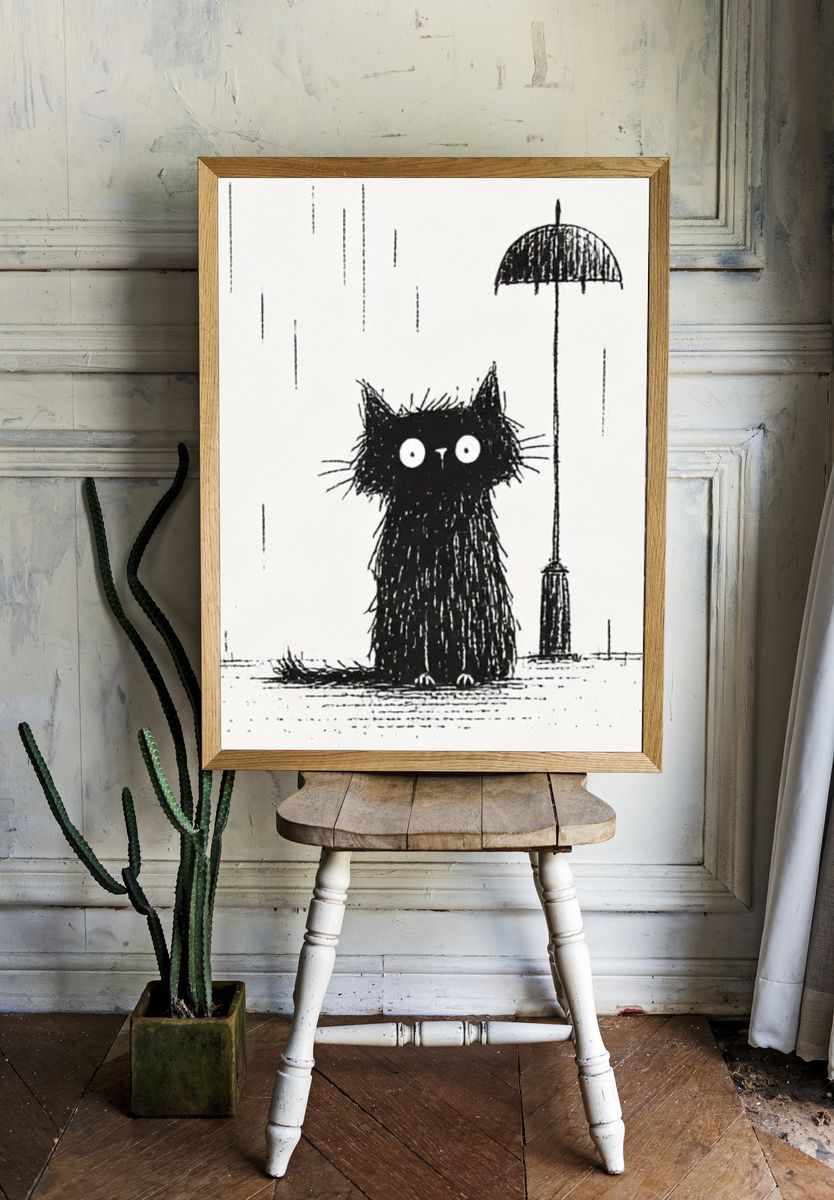 Black Cat in the Rain Illustration Poster. — room view 1