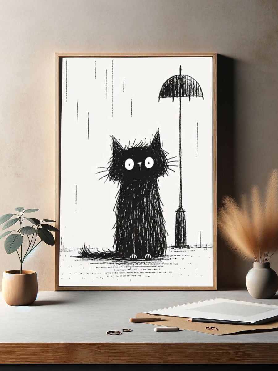 Black Cat in the Rain Illustration Poster. — room view 2
