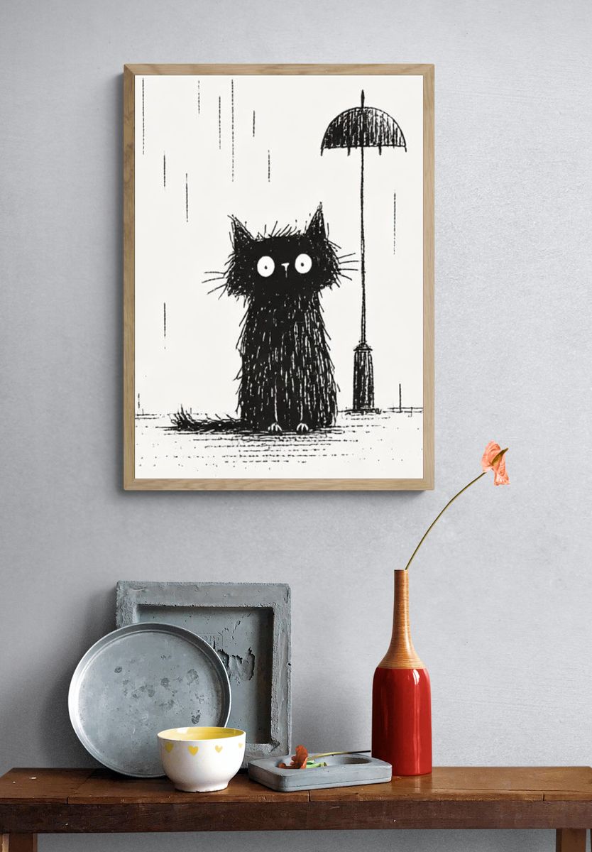 Black Cat in the Rain Illustration Poster. — room view 3