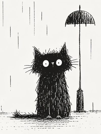 Black Cat in the Rain Illustration Poster. poster