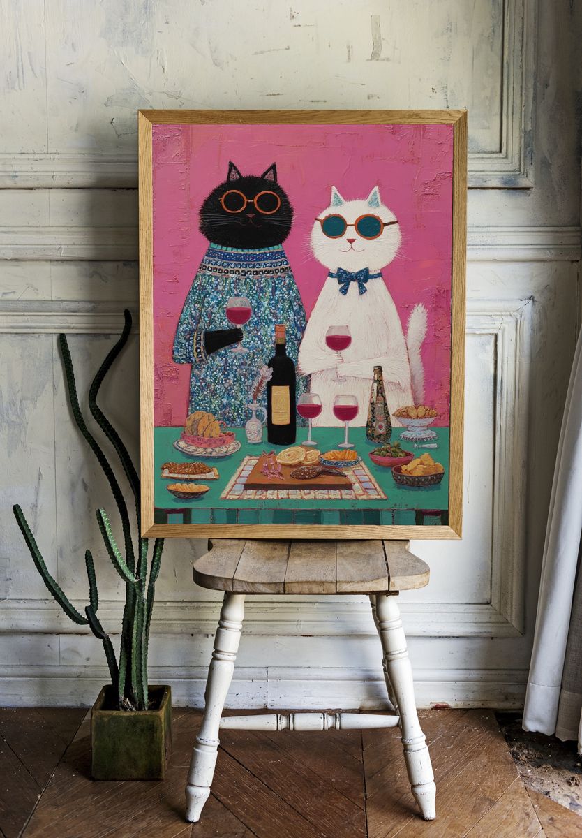 Cat Dinner Party Illustration Poster. — room view 1