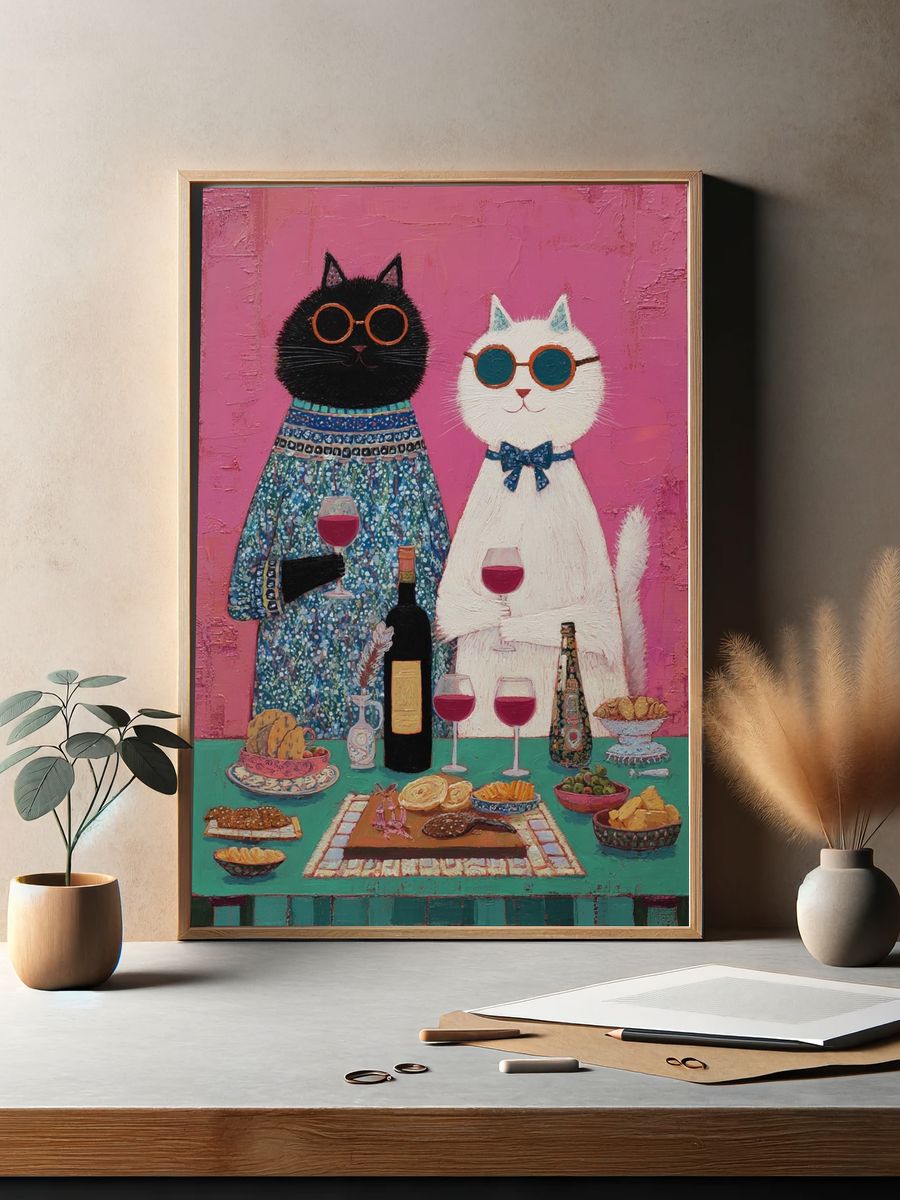 Cat Dinner Party Illustration Poster. — room view 2