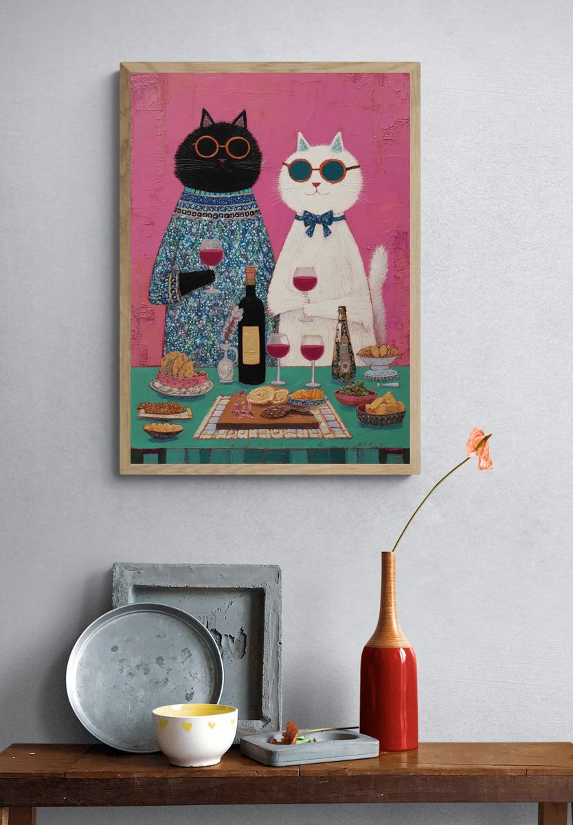 Cat Dinner Party Illustration Poster. — room view 3
