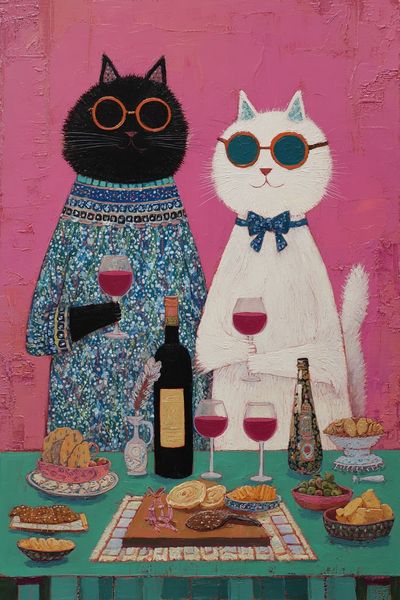 Cat Dinner Party Illustration Poster. poster print