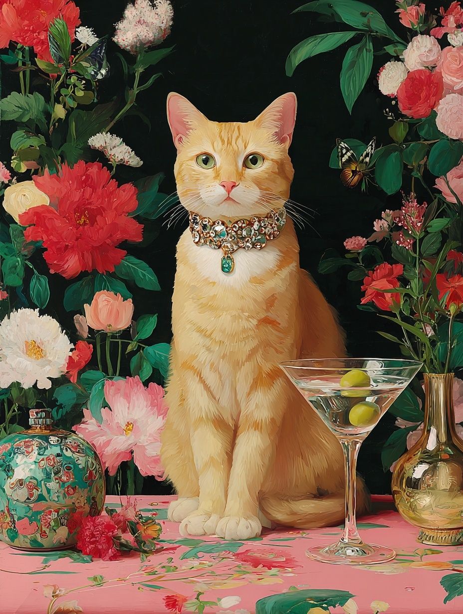 Elegant Cat with Flowers — Art Print. poster detail