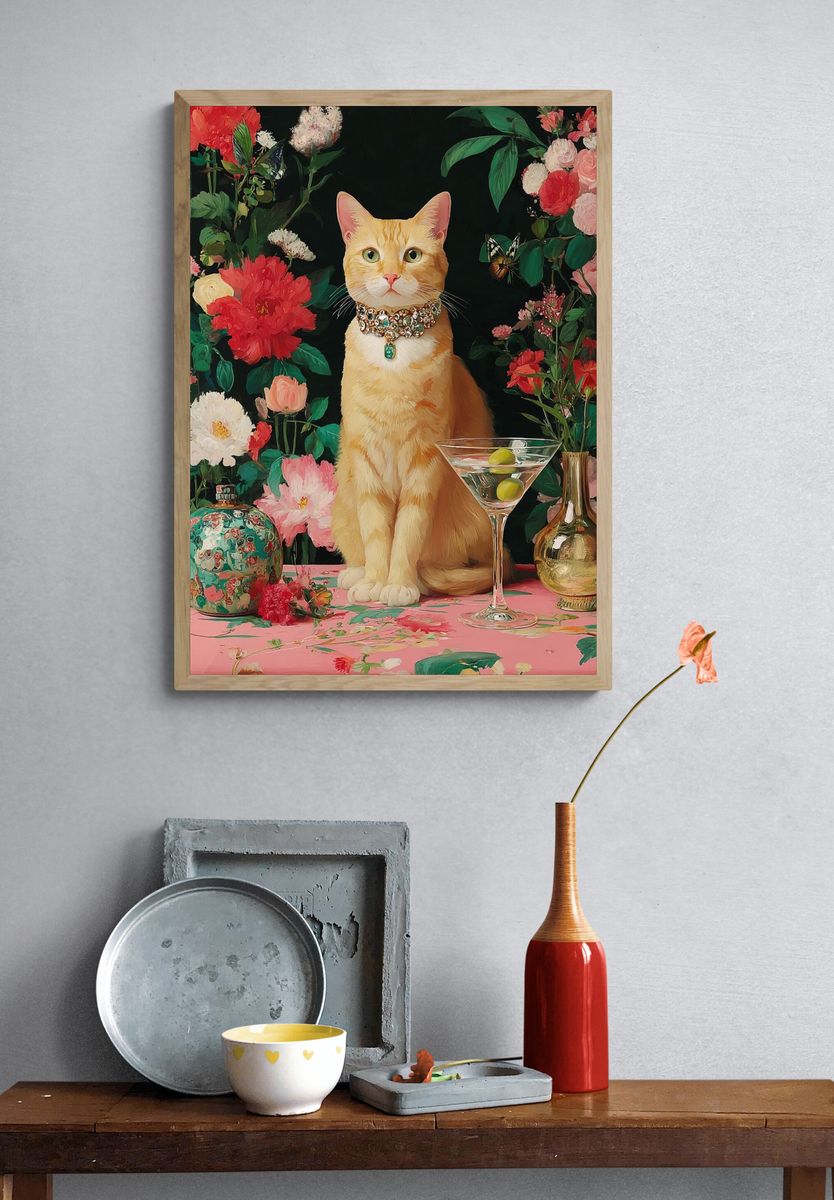 Elegant Cat with Flowers — Art Print. — room view 3