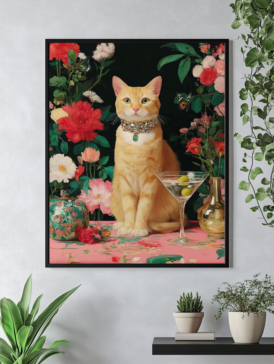 Elegant Cat with Flowers — Art Print. — room view 4