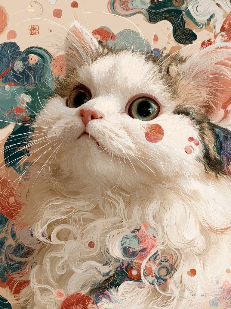 Whimsical Cat Portrait Illustration Poster. poster detail