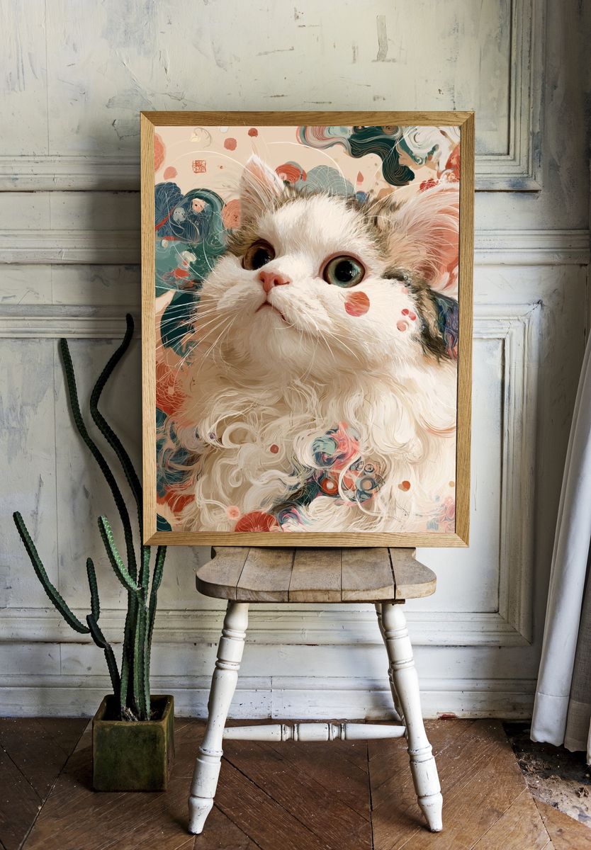 Whimsical Cat Portrait Illustration Poster. room preview