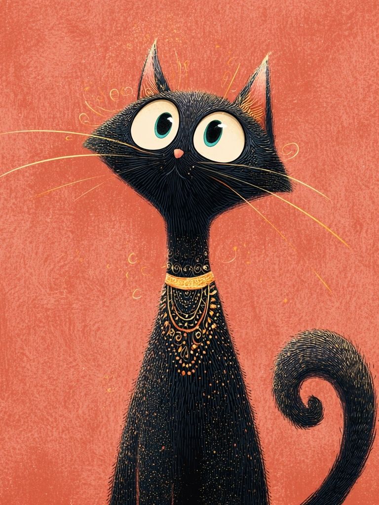 Whimsical Black Cat Illustration Poster. poster detail