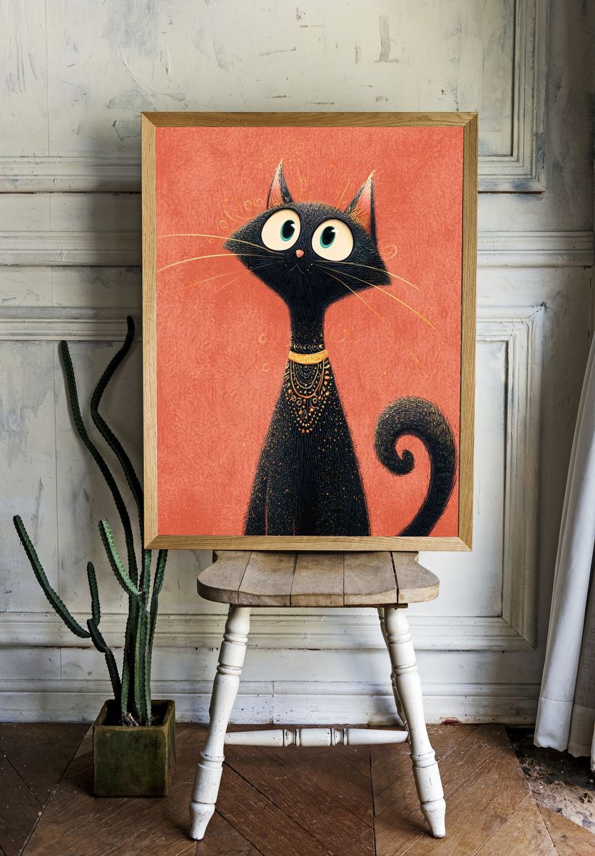 Whimsical Black Cat Illustration Poster. — room view 1