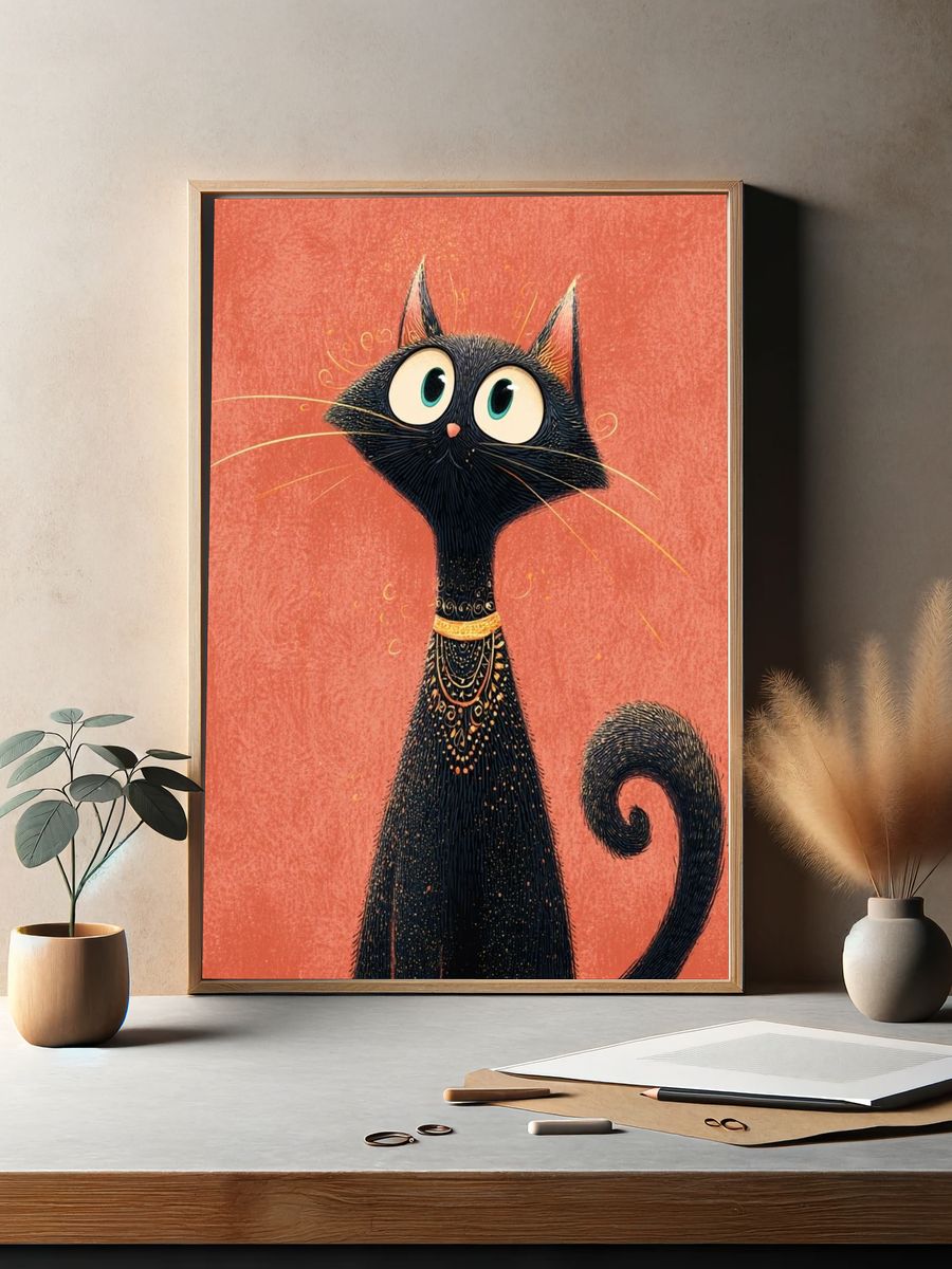 Whimsical Black Cat Illustration Poster. — room view 2