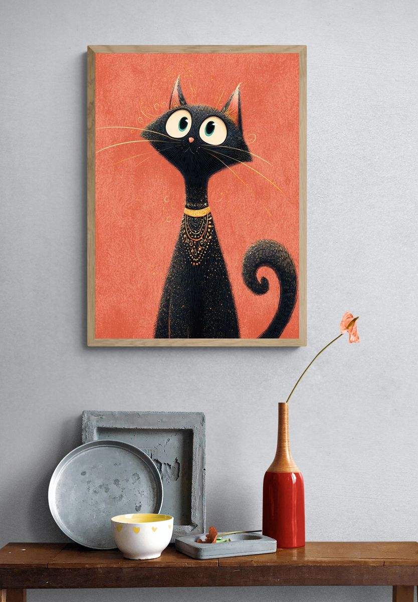 Whimsical Black Cat Illustration Poster. — room view 3