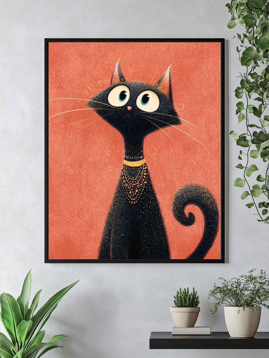 Whimsical Black Cat Illustration Poster. — room view 4