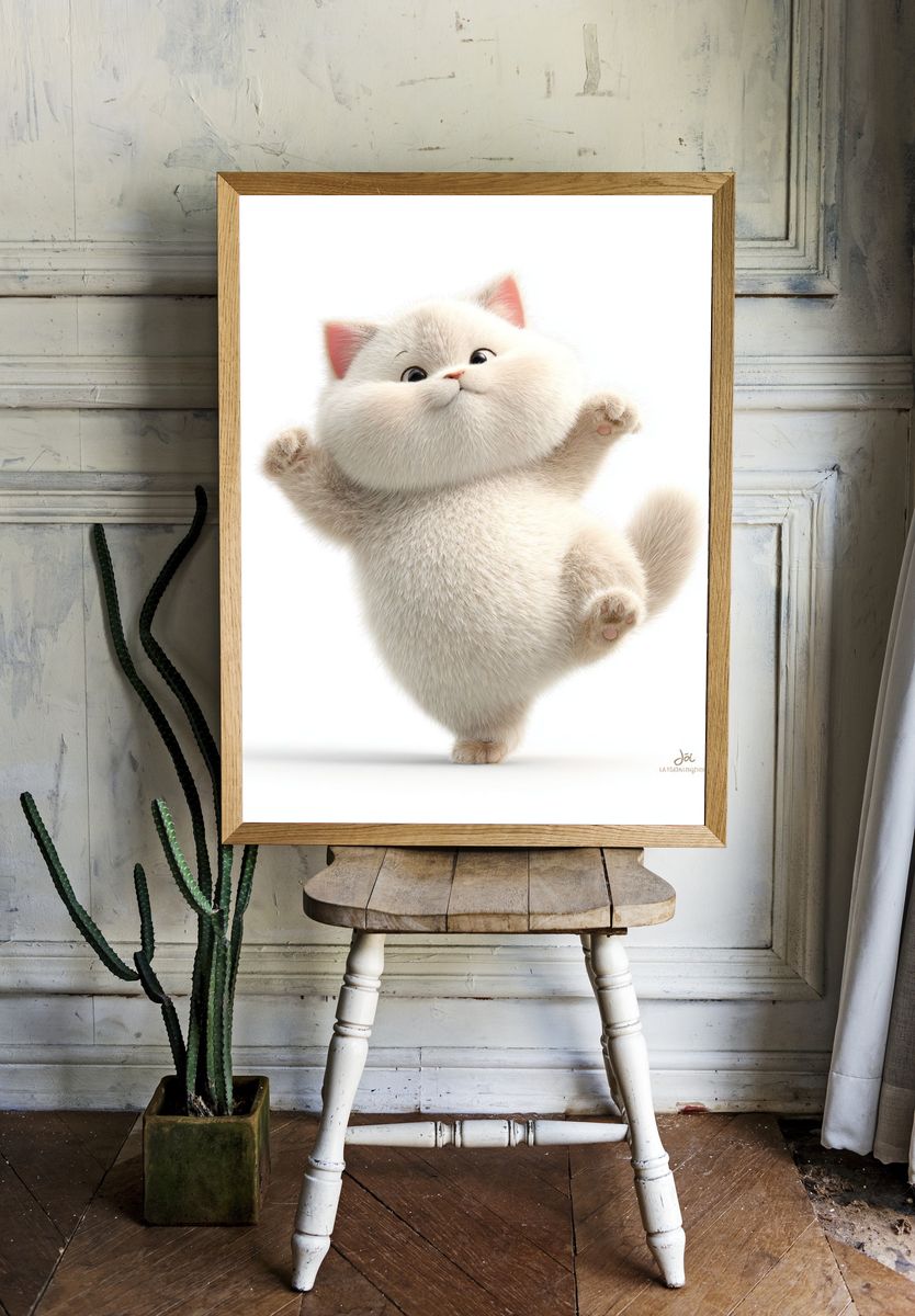 Playful Fluffy Cat Illustration Poster. — room view 1