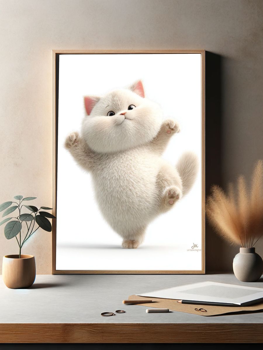 Playful Fluffy Cat Illustration Poster. — room view 2