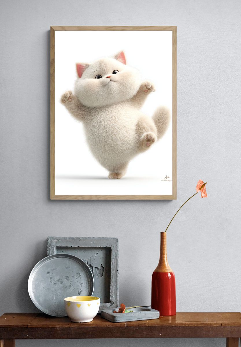 Playful Fluffy Cat Illustration Poster. — room view 3