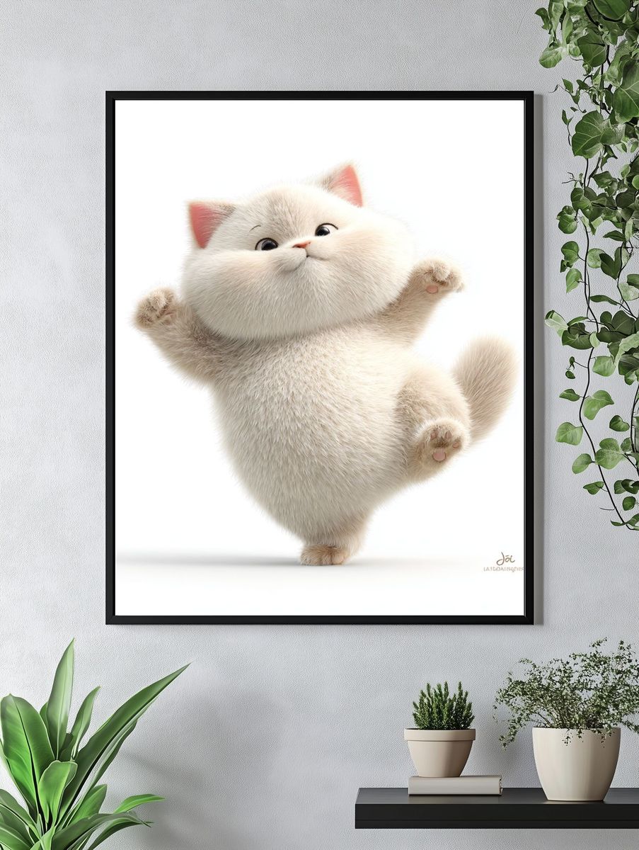 Playful Fluffy Cat Illustration Poster. — room view 4