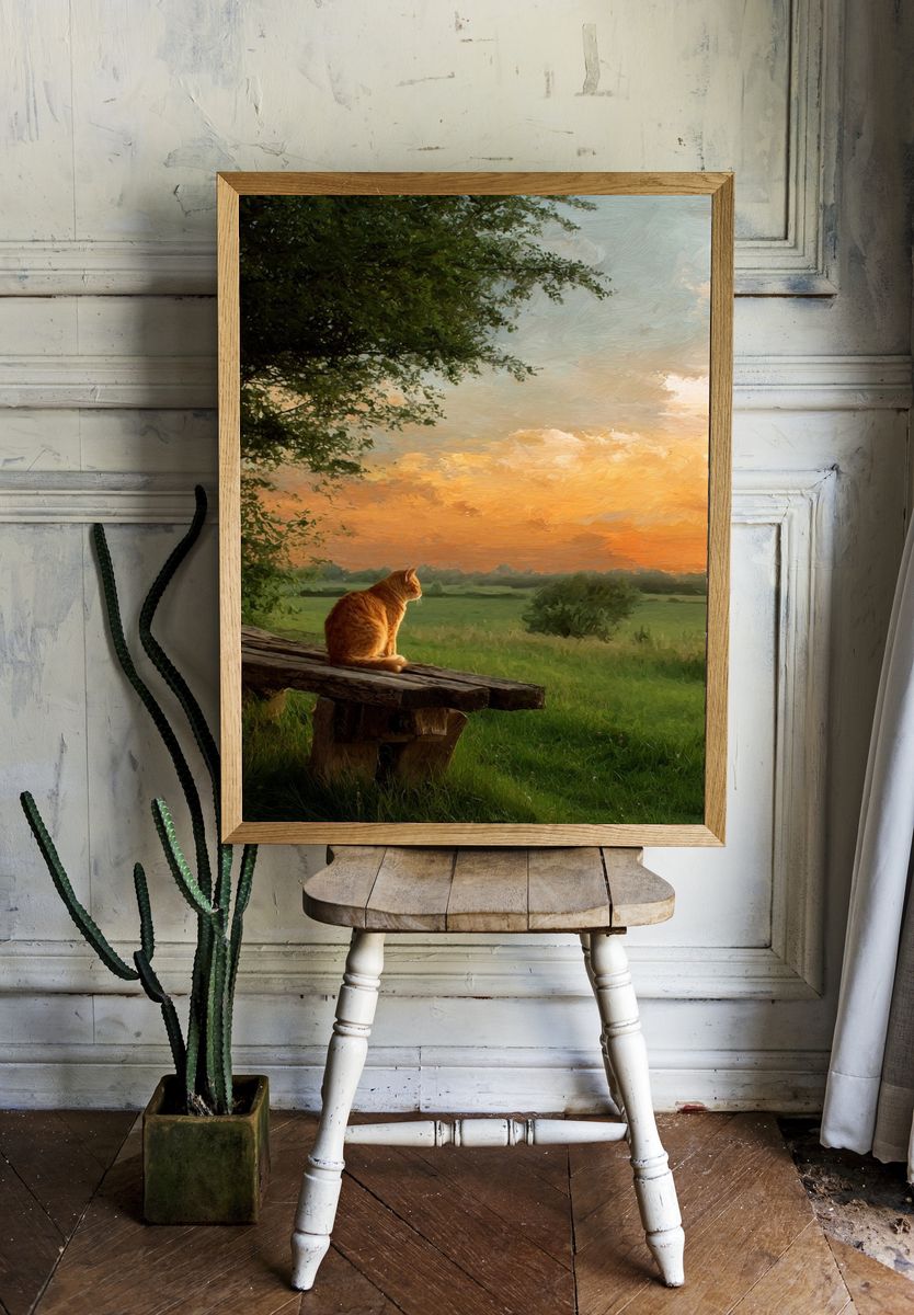 Orange Cat at Sunset Print. — room view 1