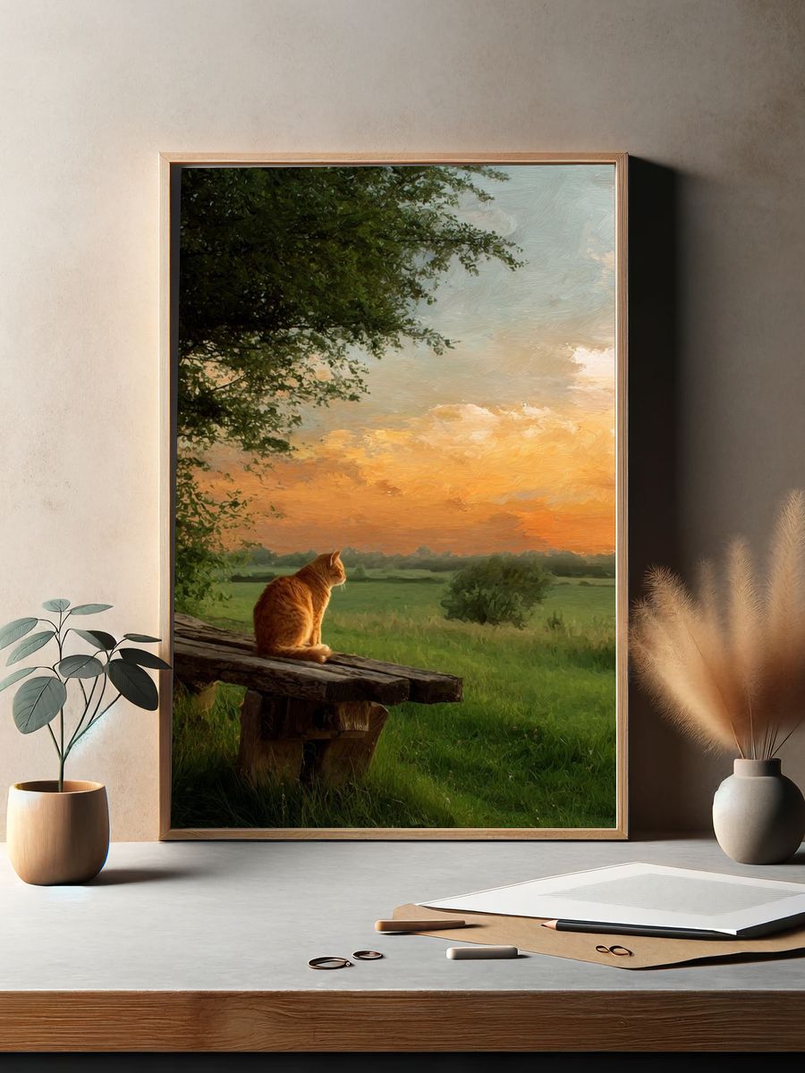 Orange Cat at Sunset Print. — room view 2