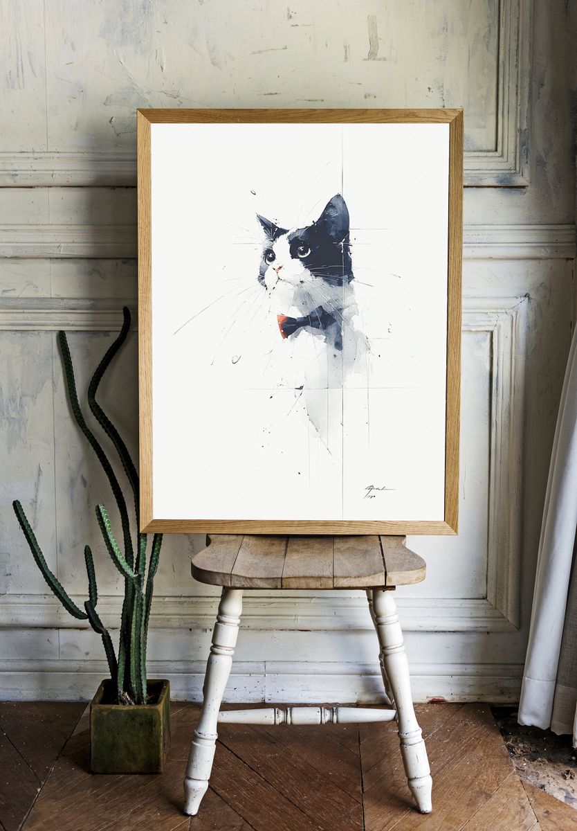 Tuxedo Cat Watercolor Poster. — room view 1