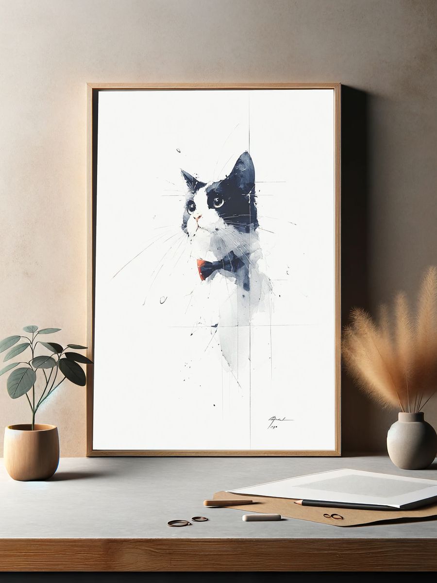 Tuxedo Cat Watercolor Poster. — room view 2