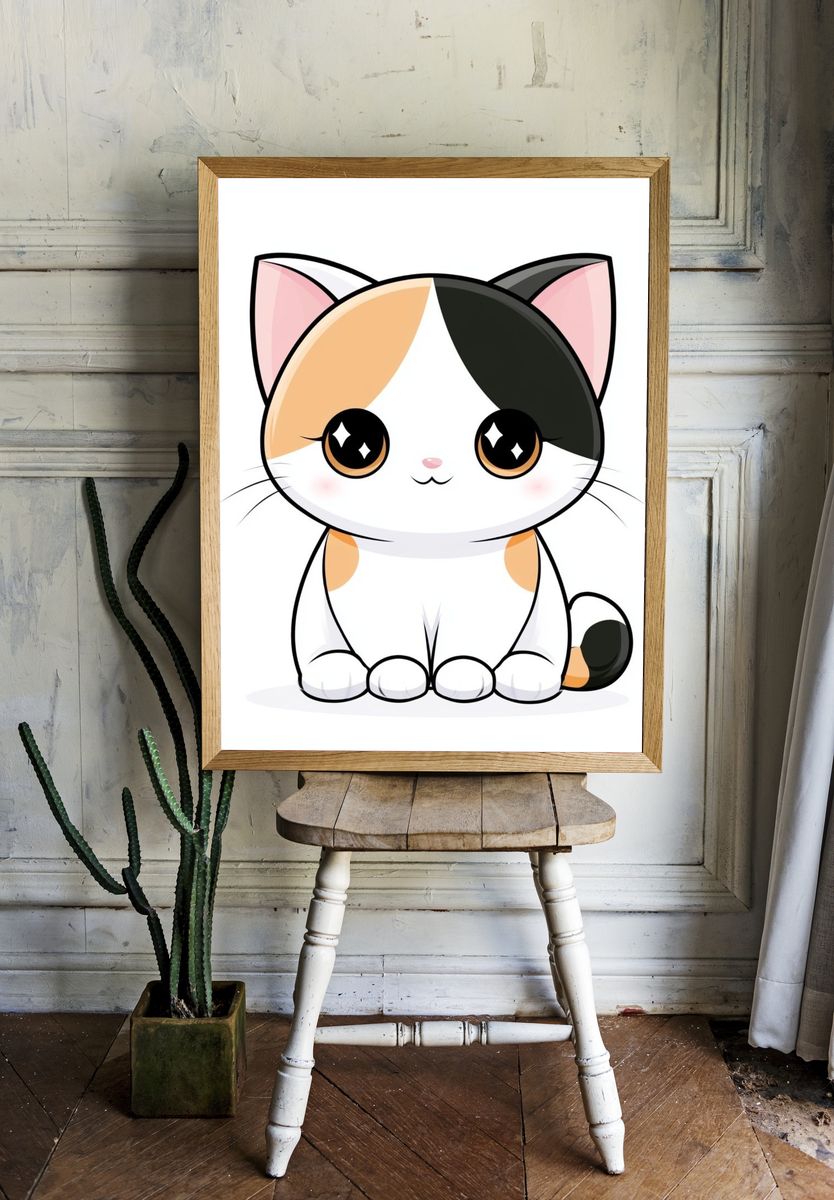 Cute Calico Cat Illustration Poster. — room view 1