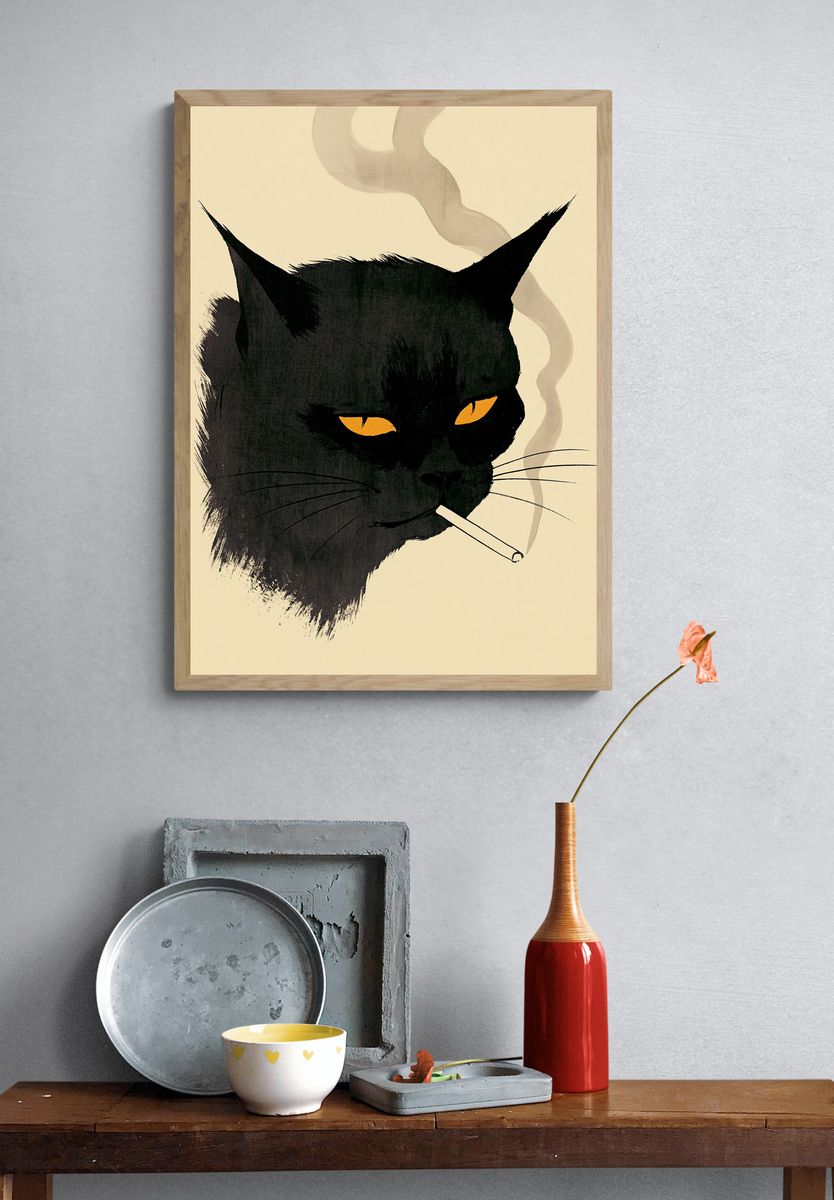 Black Cat Smoking Illustration Poster. — room view 3
