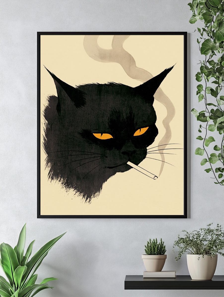 Black Cat Smoking Illustration Poster. — room view 4