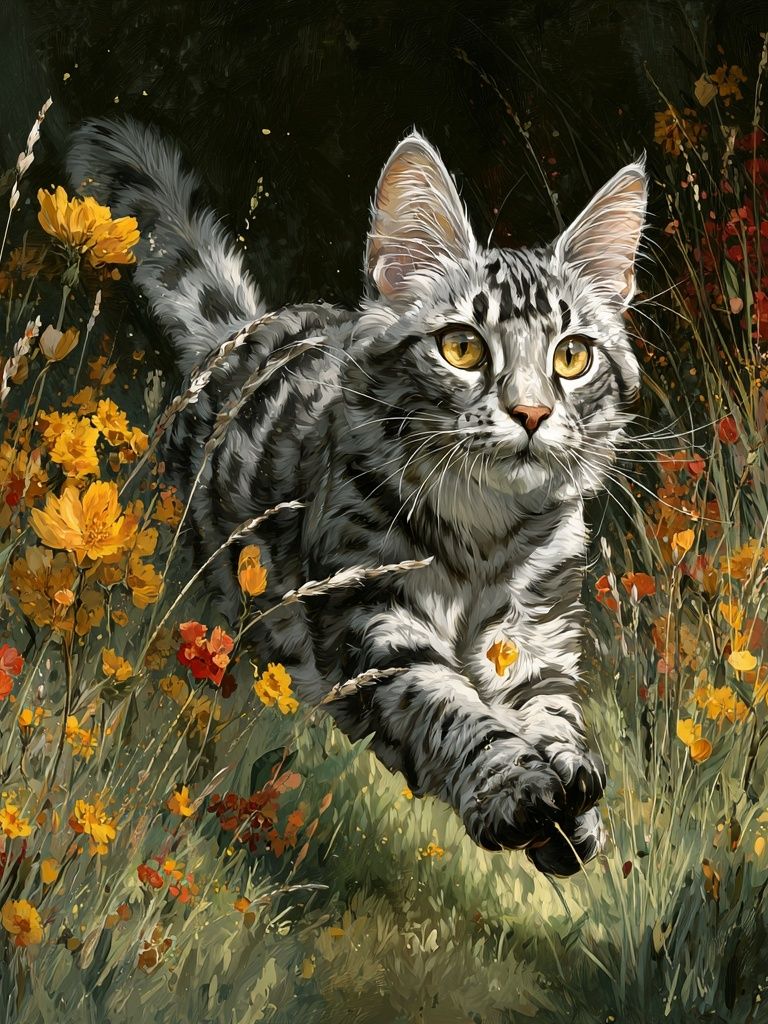 Playful Cat in Wildflowers — Illustration Print. poster detail