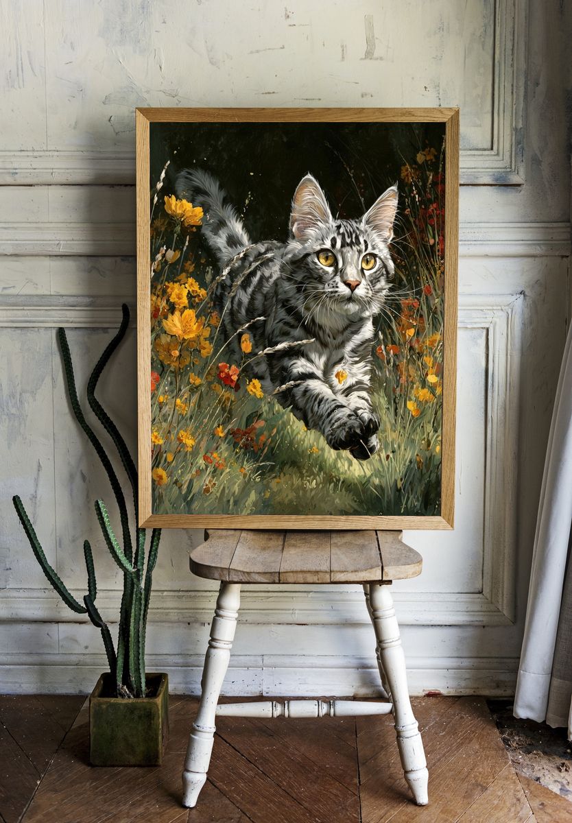 Playful Cat in Wildflowers — Illustration Print. — room view 1