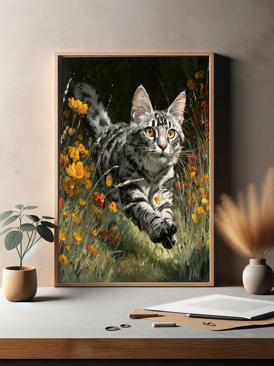 Playful Cat in Wildflowers — Illustration Print. — room view 2