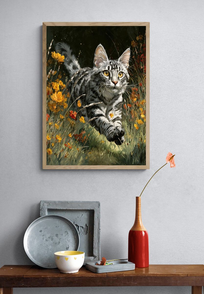 Playful Cat in Wildflowers — Illustration Print. — room view 3