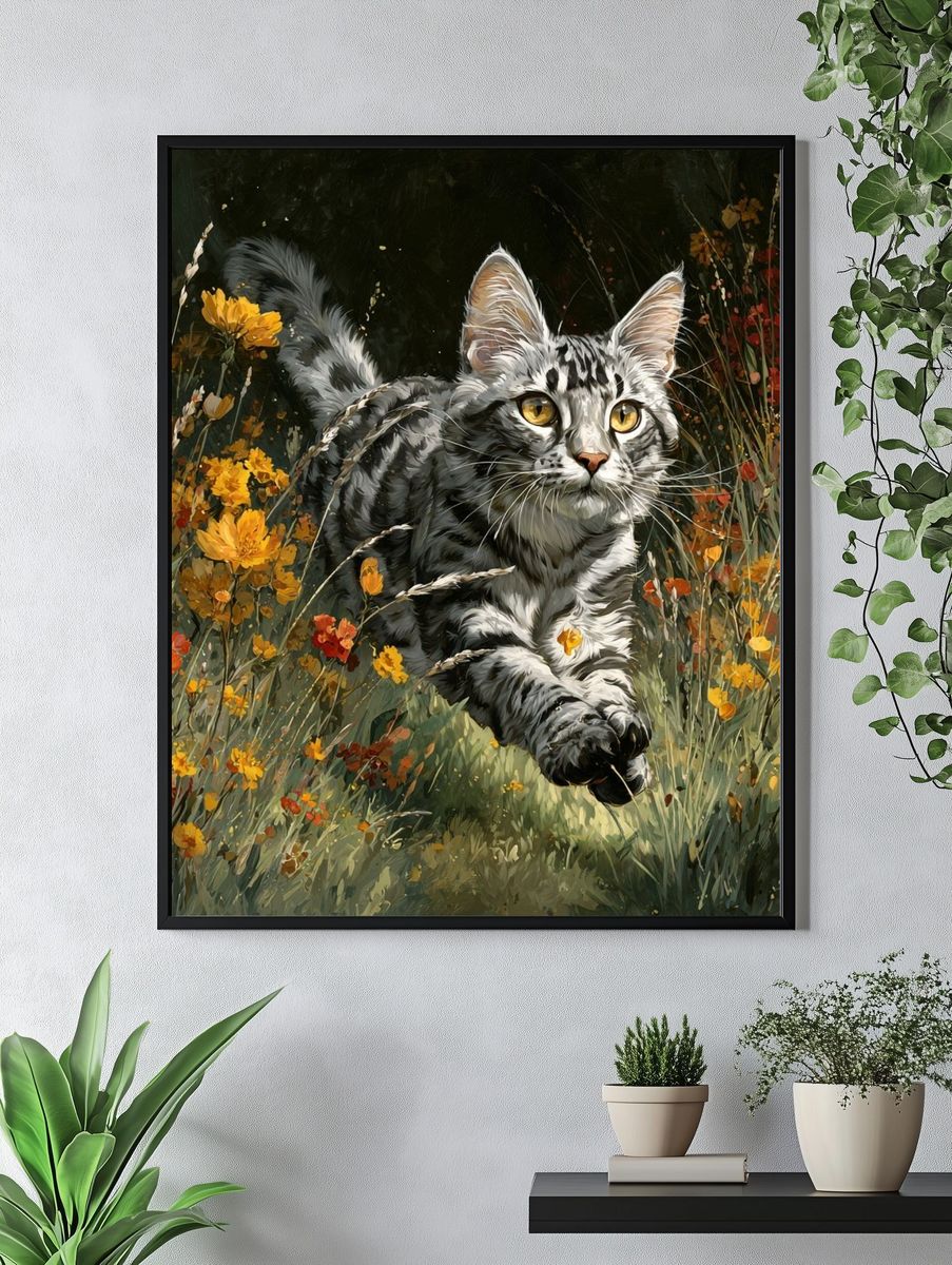 Playful Cat in Wildflowers — Illustration Print. — room view 4