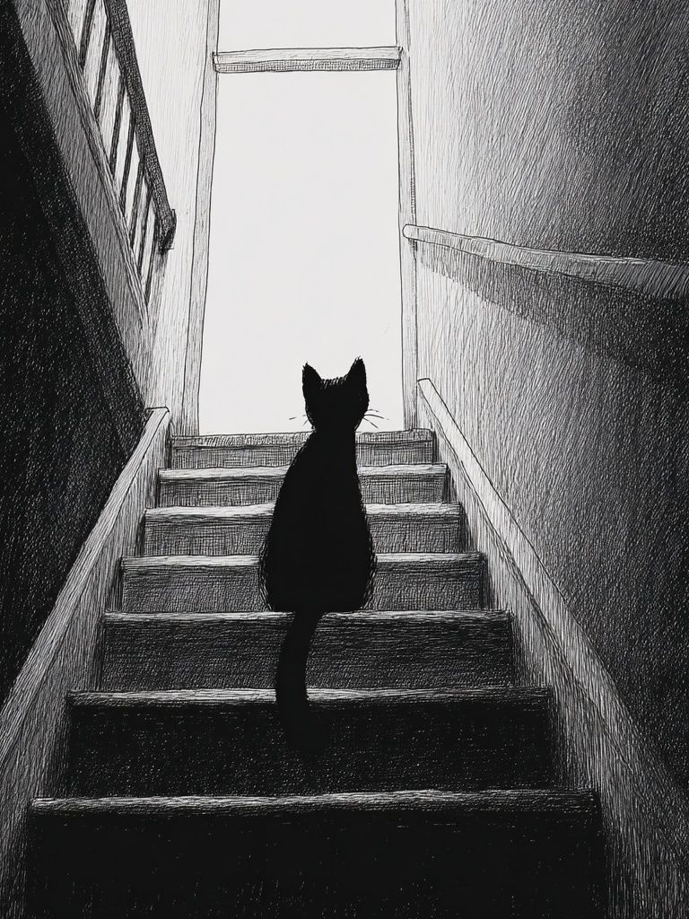 Black Cat on Stairs — Illustration Print. poster detail