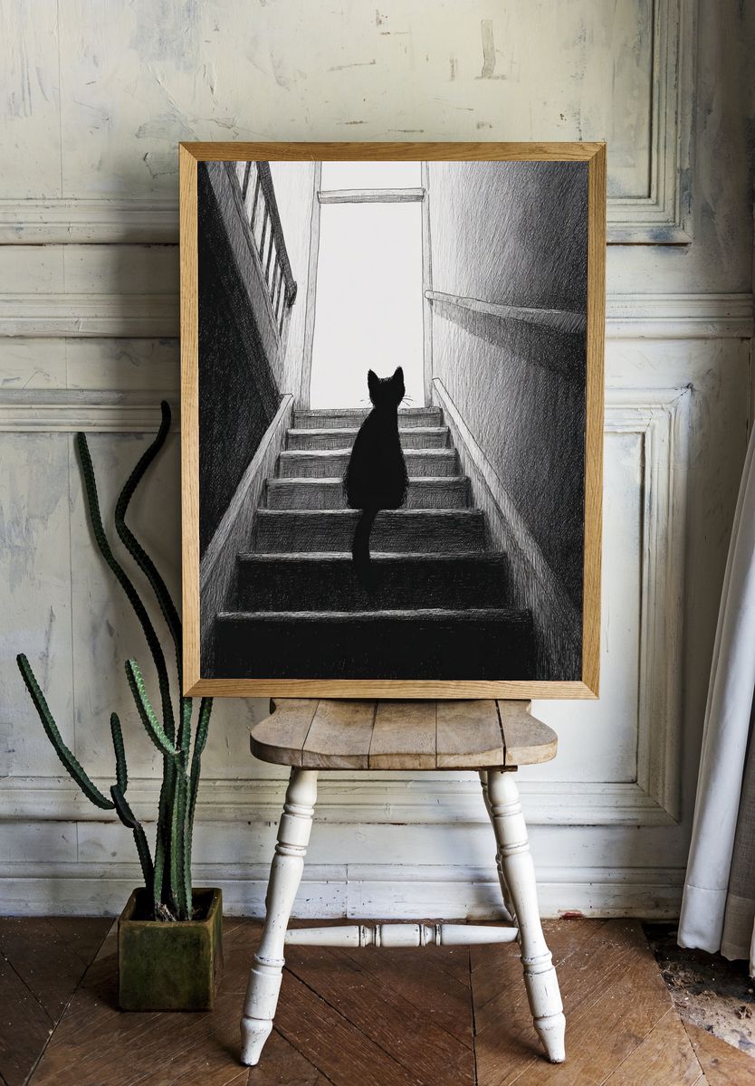 Black Cat on Stairs — Illustration Print. — room view 1