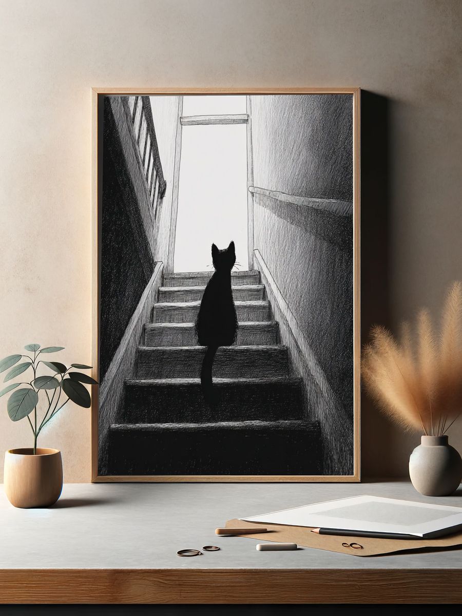 Black Cat on Stairs — Illustration Print. — room view 2